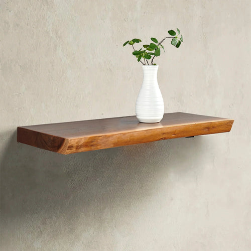1 Piece Teak Wood Wall Shelf with Live Edge, Rustic Floating Shelf for Home Decor