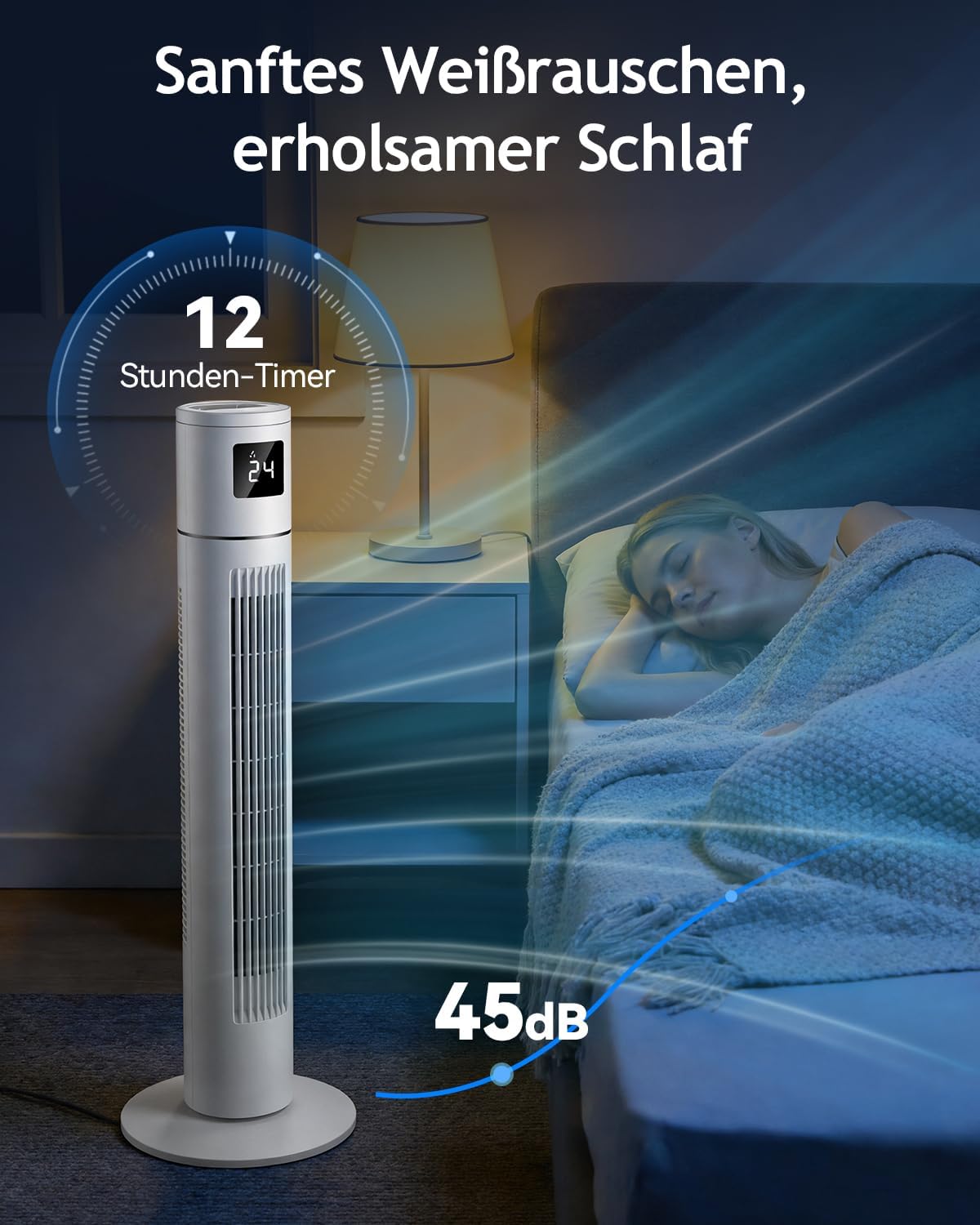 Timiyou Turmventilator 20dB Sehr Leiser für Schlafzimmer & Kühlung mit Fernbedienung | 3 Geschwindigkeitsstufen, 12h Timer, 60° Oszillation,