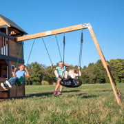 View Gorge Creek Pure Pine Swing Set, Playhouse with Barbecue Grill, Plastic Utensils, Picnic Area, Steering Wheel, Double-Padded Swing, Rock Climbing Wall, Balcony, Terrace, Mesh Swing (Green Slide) image 3