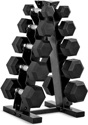 View 150 LB Coated Hex Dumbbell Weight Set with Vertical Rack, Black image 1