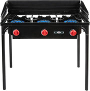 View Dual-burner outdoor gas stove | 150,000 British thermal units portable propane stove, with blue flame control, detachable legs, temperature control knob, windproof panel, hose, regulator and storage box image 2
