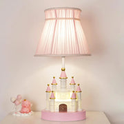 View Cartoon children's table. Light pink bedside table. Princess-style cute castle-shaped resin material lamp for girls' bedroom and living room, with fabric shade cover. image 1