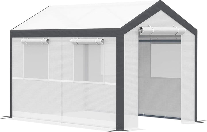 A 20-foot x 10-foot x 9-foot walk-in green house with an outdoor garden greenhouse, equipped with 6 roll-up windows, 2 zipper doors and a rain cover, in white color.