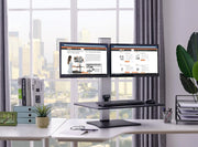 View High-position electric triple monitor adjustable desk | Sit-stand dual-purpose work desk for three screens | 28-inch wide work surface | Compatible with any standard desktop | Adjustable monitor stand image 3