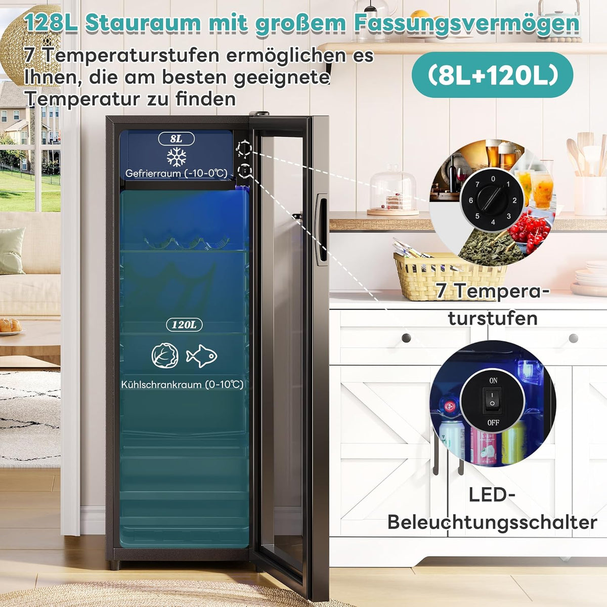 Merax Kühlschrank 128L, Freistehend Getränkekühler mit 120L-Kühlschrank + 8L-Gefrierschrank, mit LED-Innenbeleuchtung und Verstellbare Einlegeböden,