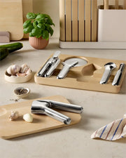 View Kitchen Tool Set - Five-piece essential kitchen items - Made of stainless steel - Includes can opener, pizza cutter, garlic press, ice cream scoop, vegetable peeler and storage organizer box image 2