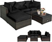 View 5 pieces of outdoor patio furniture, L-shaped rattan three-seater sofa with tempered glass coffee table, footstool, 3 single chairs, rattan outdoor party set, suitable for backyard, porch, balcony, black version image 3