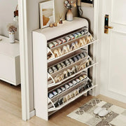 View Narrow white artificial wooden shoe cabinet with door, modern entrance shoe rack, standalone hidden shoe cabinet image 2