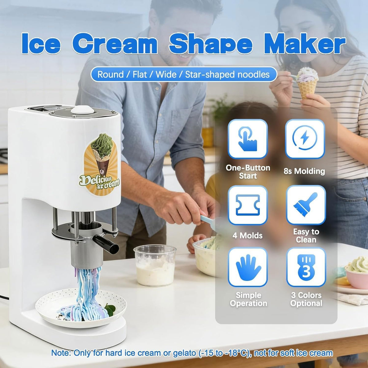 Kommerzielle Spaghetti-Eismaschine, 28–30 l/h, professionelle Gelato-Eis-Nudelmaschine mit 4 verschiedenen Nudelformen, for Catering und Soft-Serve-