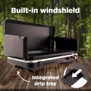View Gas camping barbecue grill | 13,000 watts | Portable liquefied gas burner | Foldable legs and feet | Integrated igniter and built-in regulator (with stainless steel drip tray) | Windproof panel and built-in handle image 3