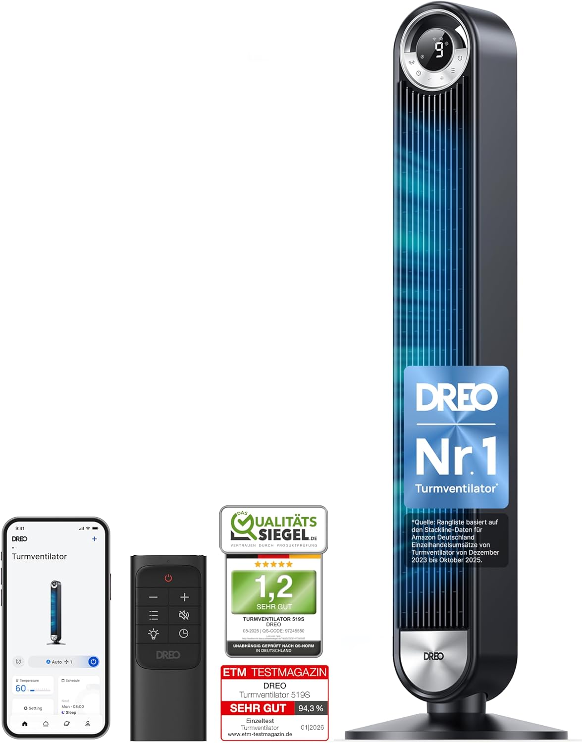 DREO 25 dB Leiser Smart Turmventilator, 106cm Höhe 4 Modi 9-Geschwindigkeit Max 7,9m/s 12H Timer 90° Oszillierender Ventilator mit Fernbedienung
