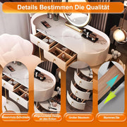 View Weiß Große Schminktisch, Kosmetiktisch mit 3 Farbmodi Beleuchtung Spiegel und Hocker, Schminktische Make Up Tisch, 5 Schubladen Frisierkommode, Sich image 4