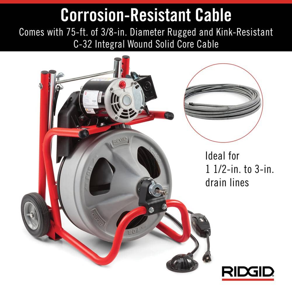 120V Drum Drain Cleaning Snake Auger with 3/8-In. x 75-Ft. Cable, 4-Piece Tool Set and Gloves