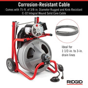View 120V Drum Drain Cleaning Snake Auger with 3/8-In. x 75-Ft. Cable, 4-Piece Tool Set and Gloves image 4