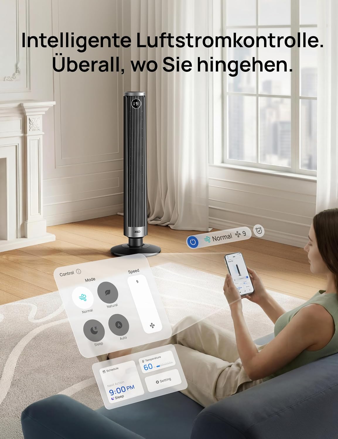 DREO Smart 102–114cm Turmventilator fürs Schlafzimmer, Höhenverstellbar, 8.4m/s, DC-Motor, 9 Stufen, 4 Modi, 90°-Oszillation, Standventilator, 20dB