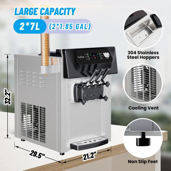 2200W 3-Flavor Soft Serve Ice Cream Machine, 5.3–7.4 Gal/Hr, LCD Touch Screen, Automatic Cleaning