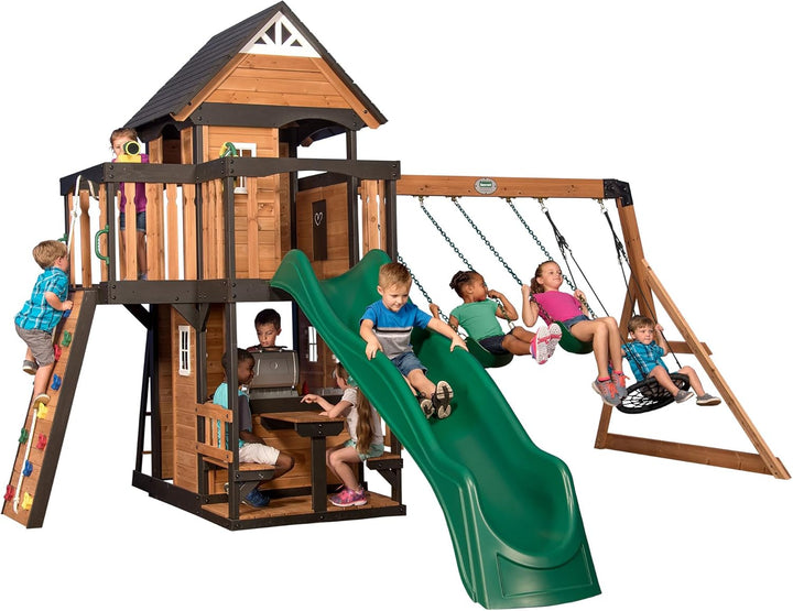 Gorge Creek Pure Pine Swing Set, Playhouse with Barbecue Grill, Plastic Utensils, Picnic Area, Steering Wheel, Double-Padded Swing, Rock Climbing Wall, Balcony, Terrace, Mesh Swing (Green Slide)