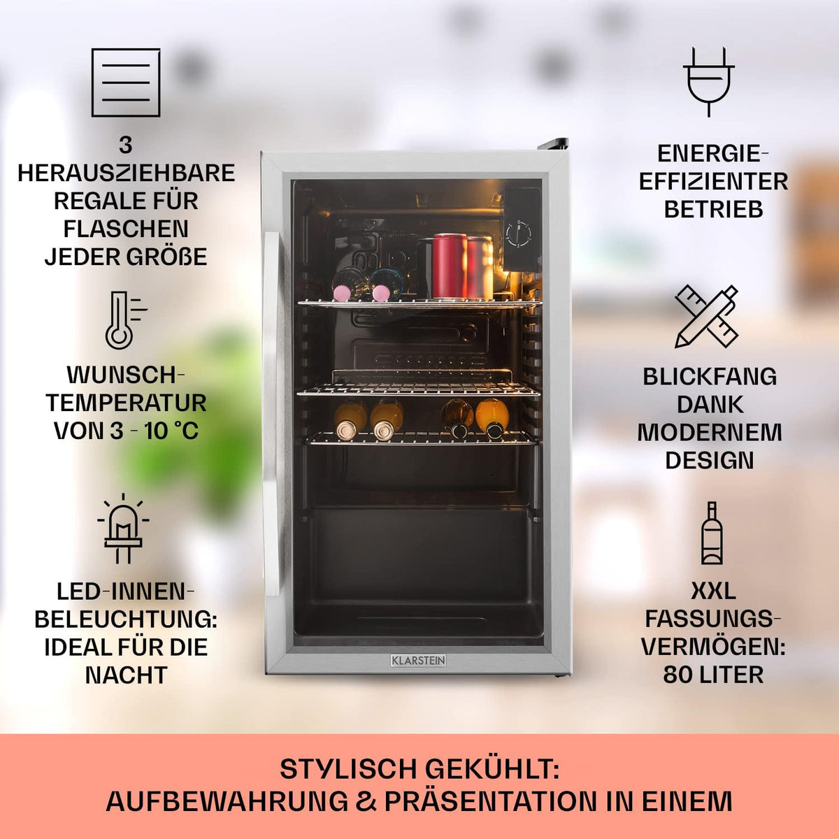 Klarstein Mini Kühlschrank mit Glastür, Mini, für Zimmer, Getränkekühlschrank Klein mit Verstellbaren Ablagen, 80 Liter, Indoor/Outdoor Kühlschrank