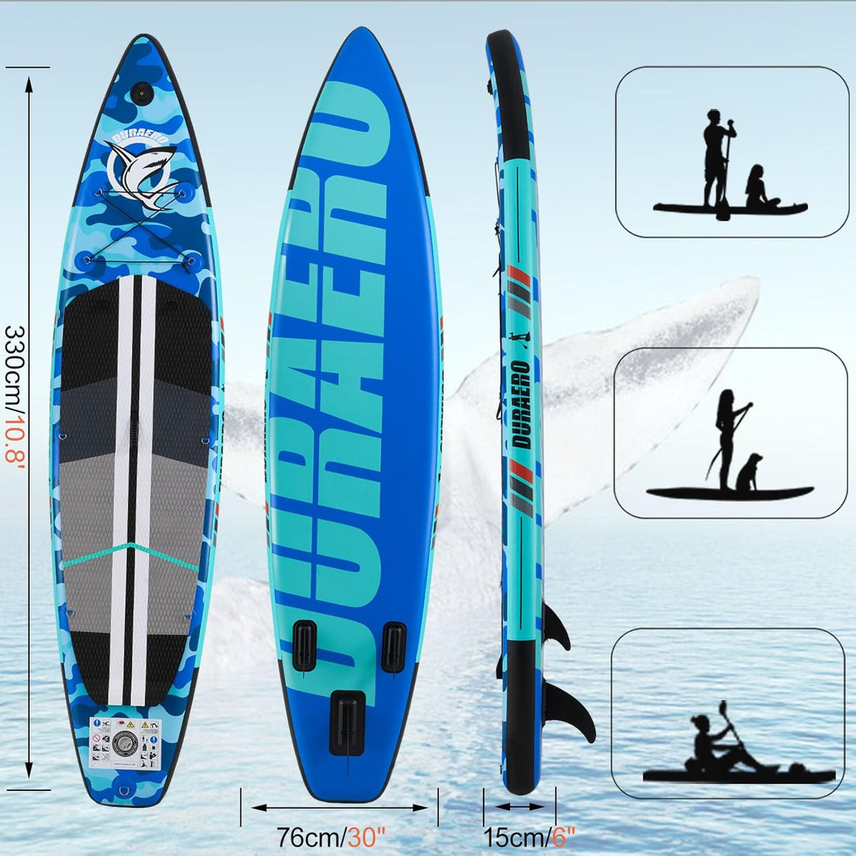 Inflatable Paddle Board with Kayak Seat, 330 x 76 x 15 cm, up to 150 kg, Integrated Pad, Detachable Fin, Double Adjustable Paddle, Repair Kit, Blue