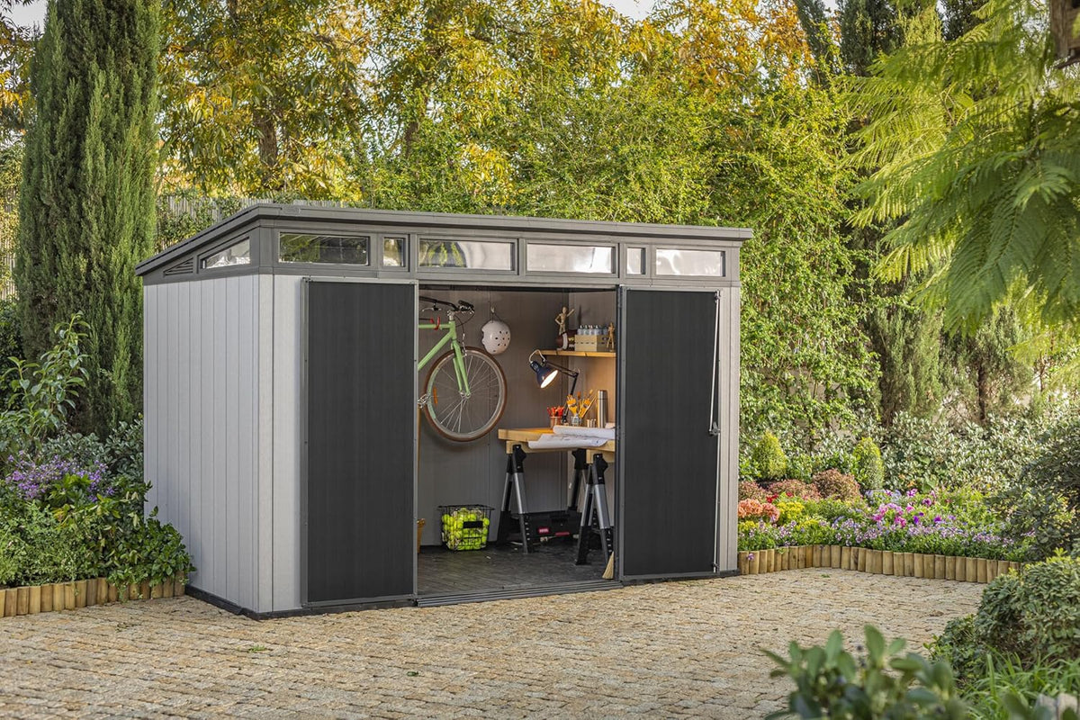 11 x 7-Ft. Resin Outdoor Storage Shed for Patio Furniture, Garden Tools, Bikes and Lawn Mowers