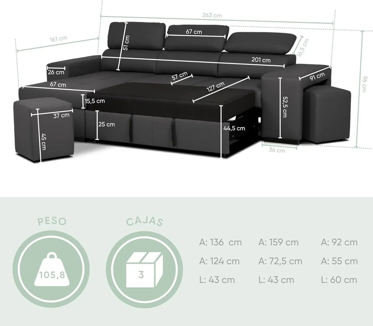 BUDWING John Sofá Cama Esquinero 4 Plazas - Chaise Longue Reversible, Reposacabezas Ajustable y 2 Pufs – Tapizado en Poliuretano – Estilo Moderno –