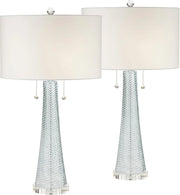 View Modern desk lamp, 28.5 inches high, 2 sets. Features a sky-blue textured glass lampshade and a white cylindrical lampshade with a vortex pattern. Suitable for living room, bedroom, bedside table, night light, office, and home use. image 1