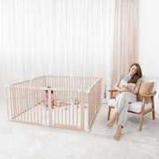 View Baby Playpen & Gate - 144 x 144 x 63 cm, Extends Up to 579 cm - Pine Wood Foldable Playpen with Child-Proof Lock - Safe Play Fence Easy Assembly Baby Play Yard - Light Wood White image 4