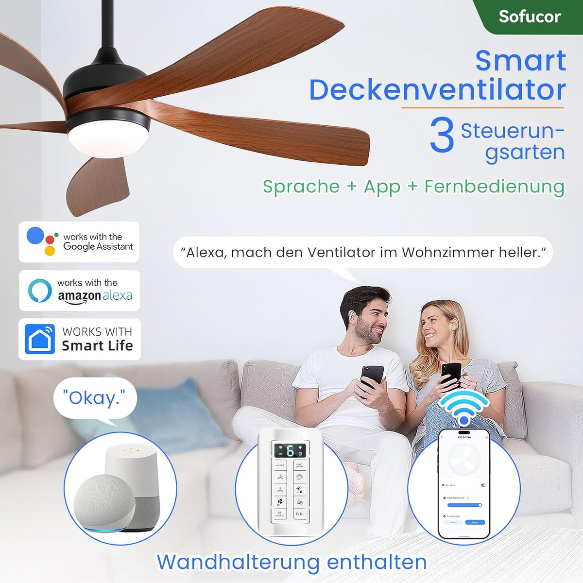 Sofucor Smart Deckenventilator mit Beleuchtung,132cm Deckenventilator mit Licht, Kompatibel mit Alexa/APP, Fernbedienung, 3 Farbtemperatur, Timer, 6