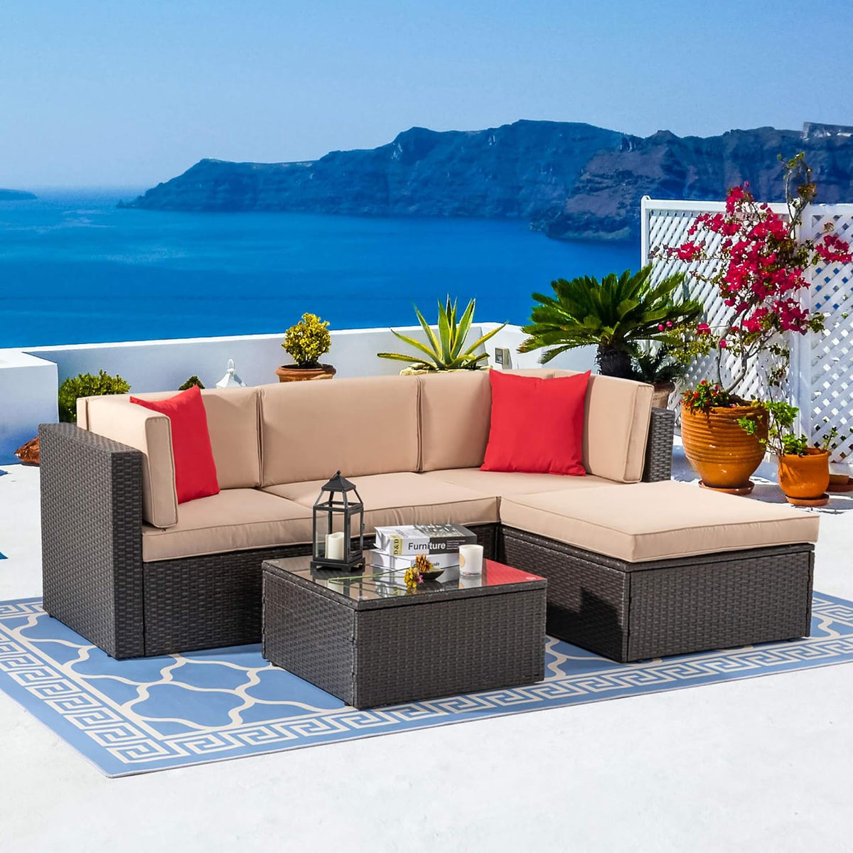 5-Piece All-Weather Patio Furniture Set with Ottoman, Outdoor Wicker Conversation Sofa Set with Cushions for Garden, Deck & Backyard