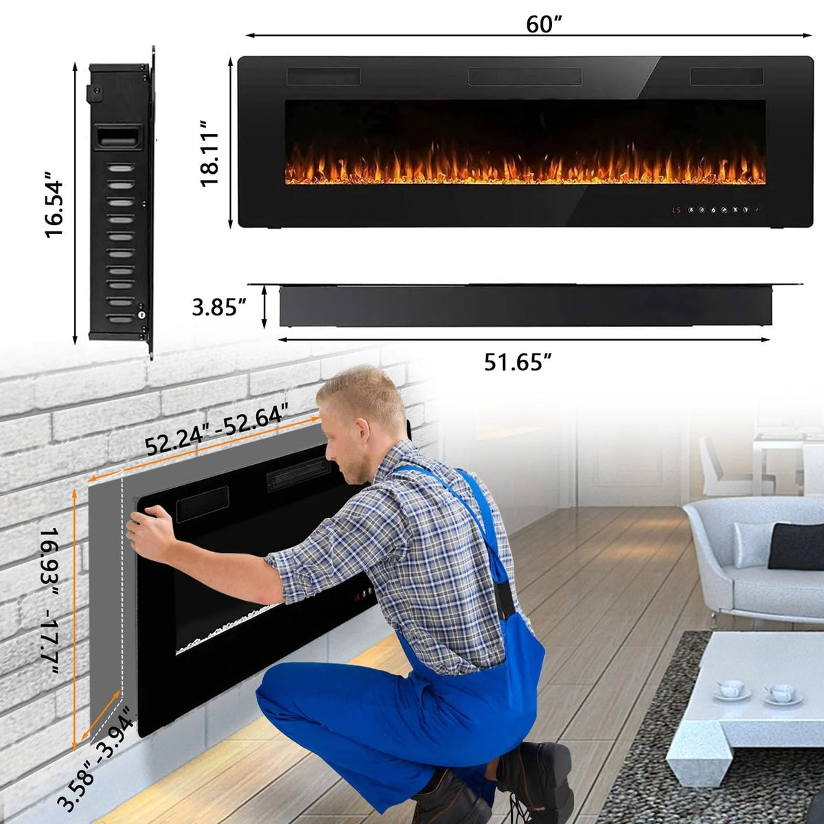 30-72 Inch Ultra-Thin Electric Fireplace, Linear Recessed Wall Mounted Fireplace with Remote Control