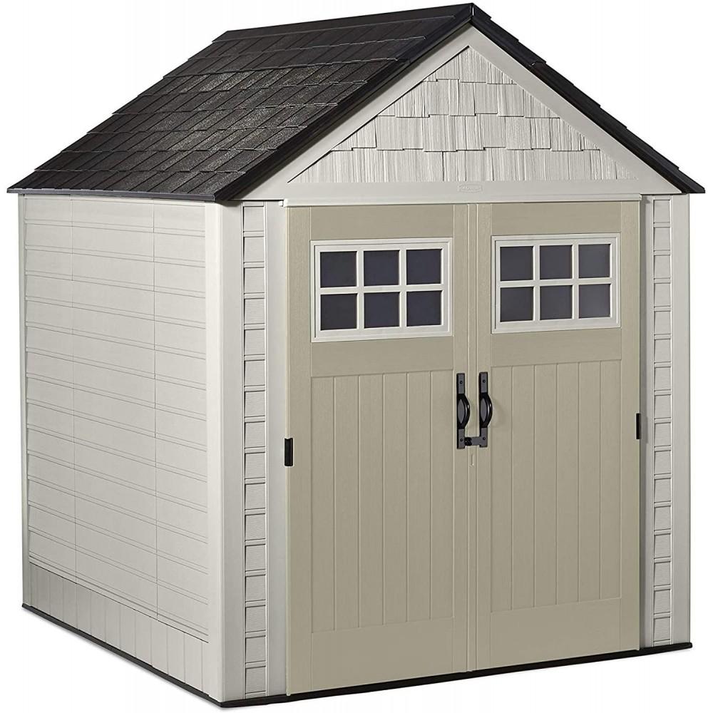 7 x 7-Ft. Resin Outdoor Garden Storage Shed with Windows and Utility Hooks, Sand