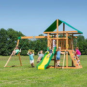 View Cedar Wood Swing Set with Wave Slide, Play Deck, Double Rock Wall, Rope Ladder, Web Swing, Belt Swings, Toy Telescope, Steering Wheel, Sandbox Area, Outdoor Playset image 3