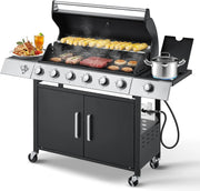 View 4-Burner Propane Gas Grill with Cast Iron Grates, Side Stove and 44,000 BTU Stainless Steel Burners image 1