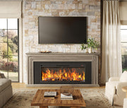 View 75-inch wall-mounted TV cabinet, rustic modern entertainment center with fireplace, 70-inch media cabinet with 3 drawers, featuring a recessed design, suitable for the living room, black version image 2