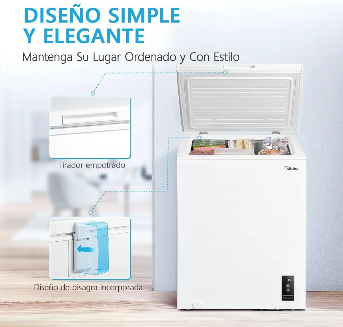 MIDEA Arcon Congelador Pequeño Horizontal de 99L, Motor Inverter, Control Electrónico de Temperatura, Tecnologia D-TYPE Tube, Cestas con Asa, Easy