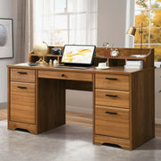 View Executive Desk with Drawers, 58 Inch Desk with Storage, Wood Executive Desk with 6 Drawers, Study Desk for Bedroom, Business Furniture Desk with File Cabinet, Vintage Brown image 1