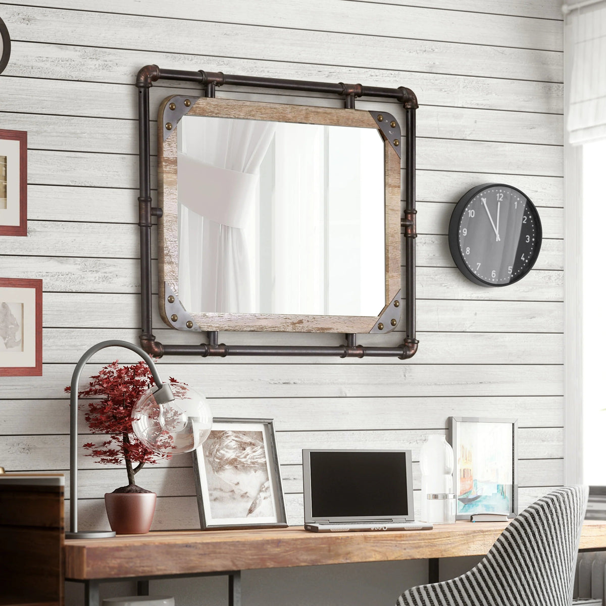 31 Inch Industrial Metal Floating Wall Mirror, Modern Decorative Wall Mirror