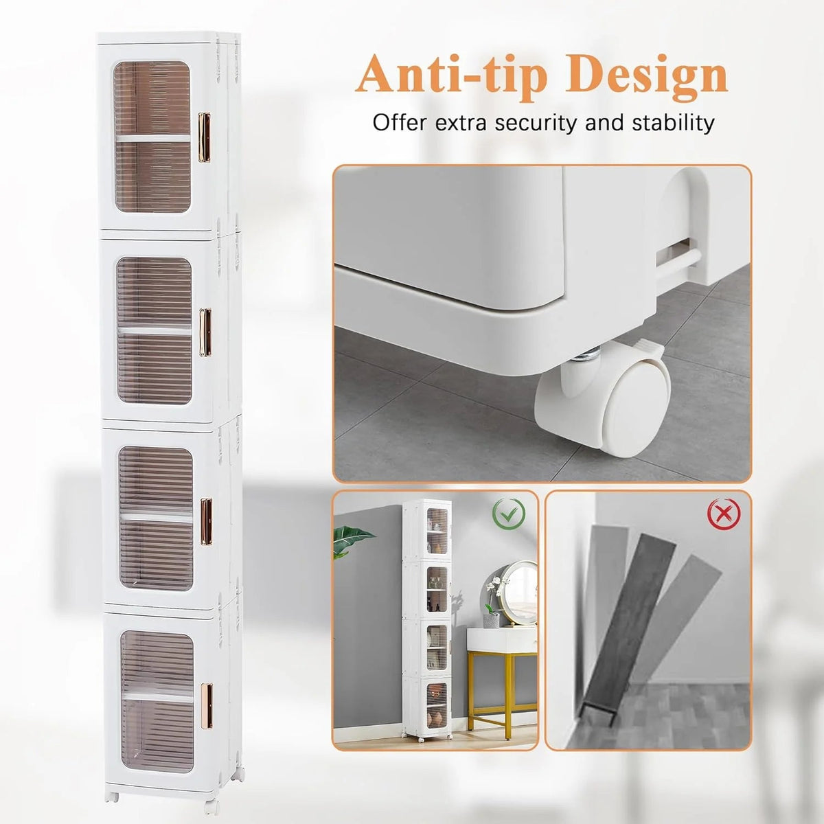 4-Tier Tall Narrow Plastic Storage Cabinet, Slim Vertical Organizer for Bathroom, Bedroom and Home Storage