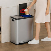 View 16-gallon contact-free trash and recycling bins, made of stainless steel, with a double compartment design (each compartment holds 8 gallons), suitable for recycling and waste disposal in the kitchen. image 2