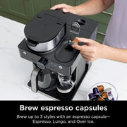 View Italian espresso machine and coffee-making system, featuring three espresso brewing modes, supporting single-portion coffee and Nespresso capsules, with a built-in frother, capable of making Italian espresso, cappuccino and latte. Black style. image 3