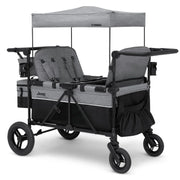 View Luxurious 4-seater children's stroller - A high-end 4-seater children's stroller specially designed for 4 children, equipped with convertible seats, adjustable push-pull handles, detachable sunshade, and flat folding device. The color is grey. image 1