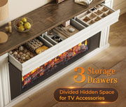 View 75-inch wall-mounted TV cabinet, rustic modern entertainment center with fireplace, 70-inch media cabinet with 3 drawers, featuring a recessed design, suitable for the living room, black version image 4