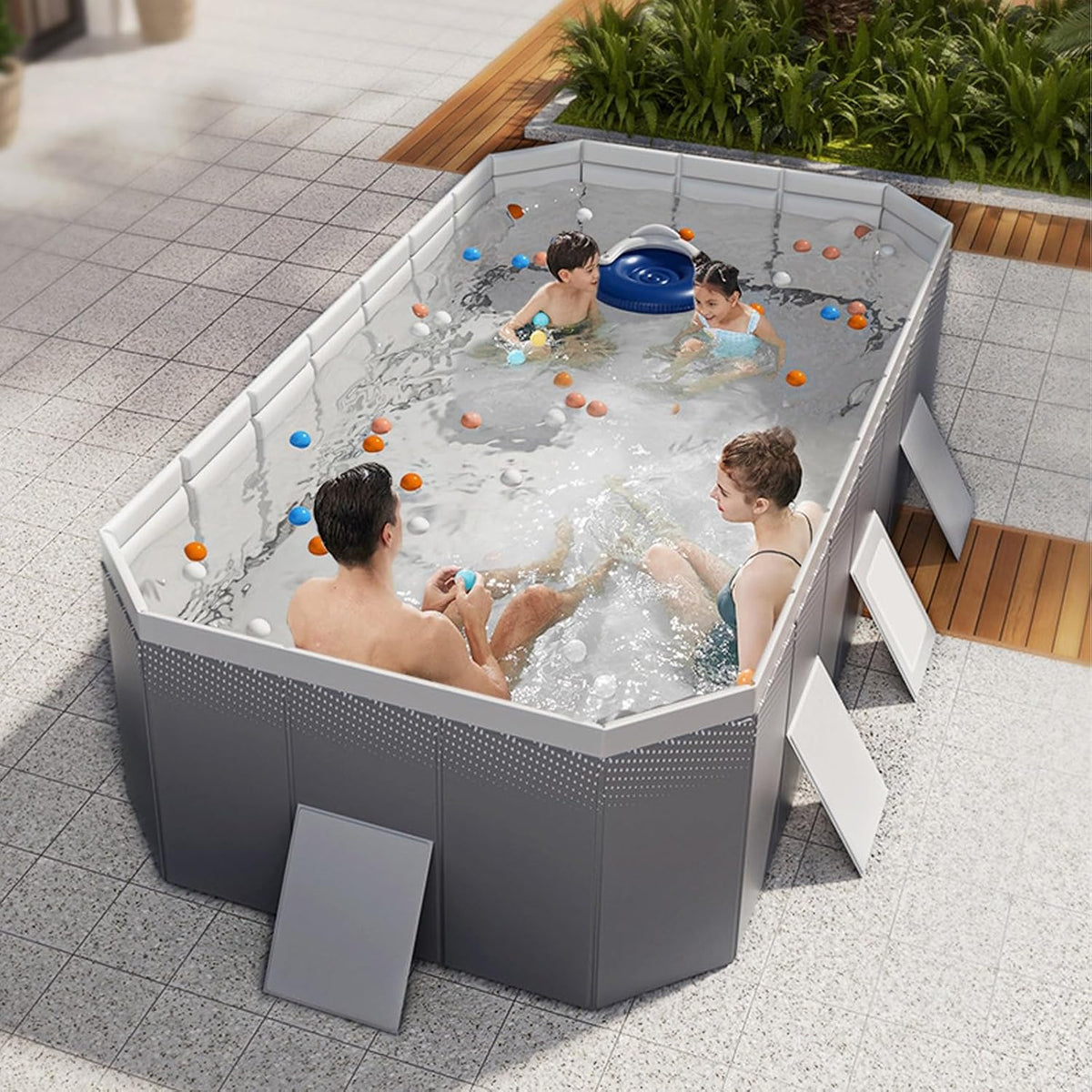 Faltbarer Pool, Hartplastikschale, rechteckiger Familienpool im Freien, tragbarer, Nicht aufblasbarer Pool mit Ablassschraube und Abflussloch für
