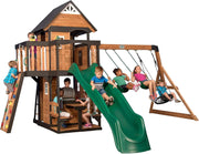 View Backyard Discovery Canyon Creek Cedar Wood Swing Set with Wave Slide, Clubhouse, Play Kitchen, Picnic Area, Belt Swings, Web Swing, Rock Wall, Balconies, Playhouse, Step Ladder, Outdoor Playset image 2