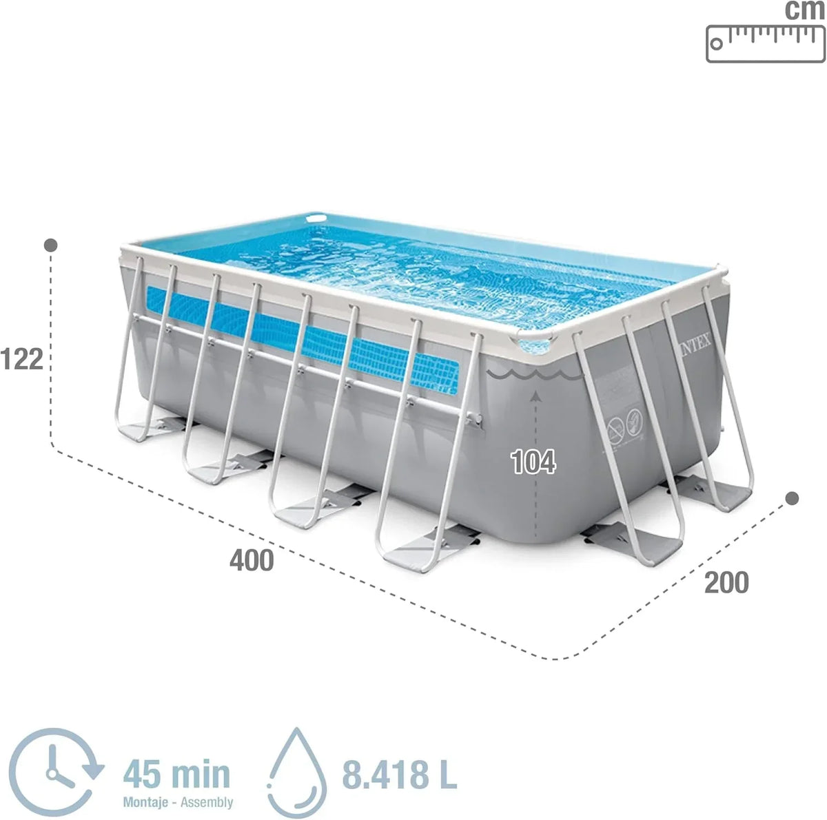 Intex Piscina Desmontable Rectangular Prism Frame, 400x200x122 cm, Material Triple Capa, Capacidad 8.418 L, Ventana panorámica, Tapiz, Cobertor,