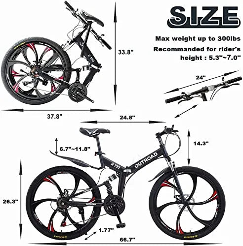 26-Inch Folding Mountain Bike for Adults, 21-Speed, Dual Suspension