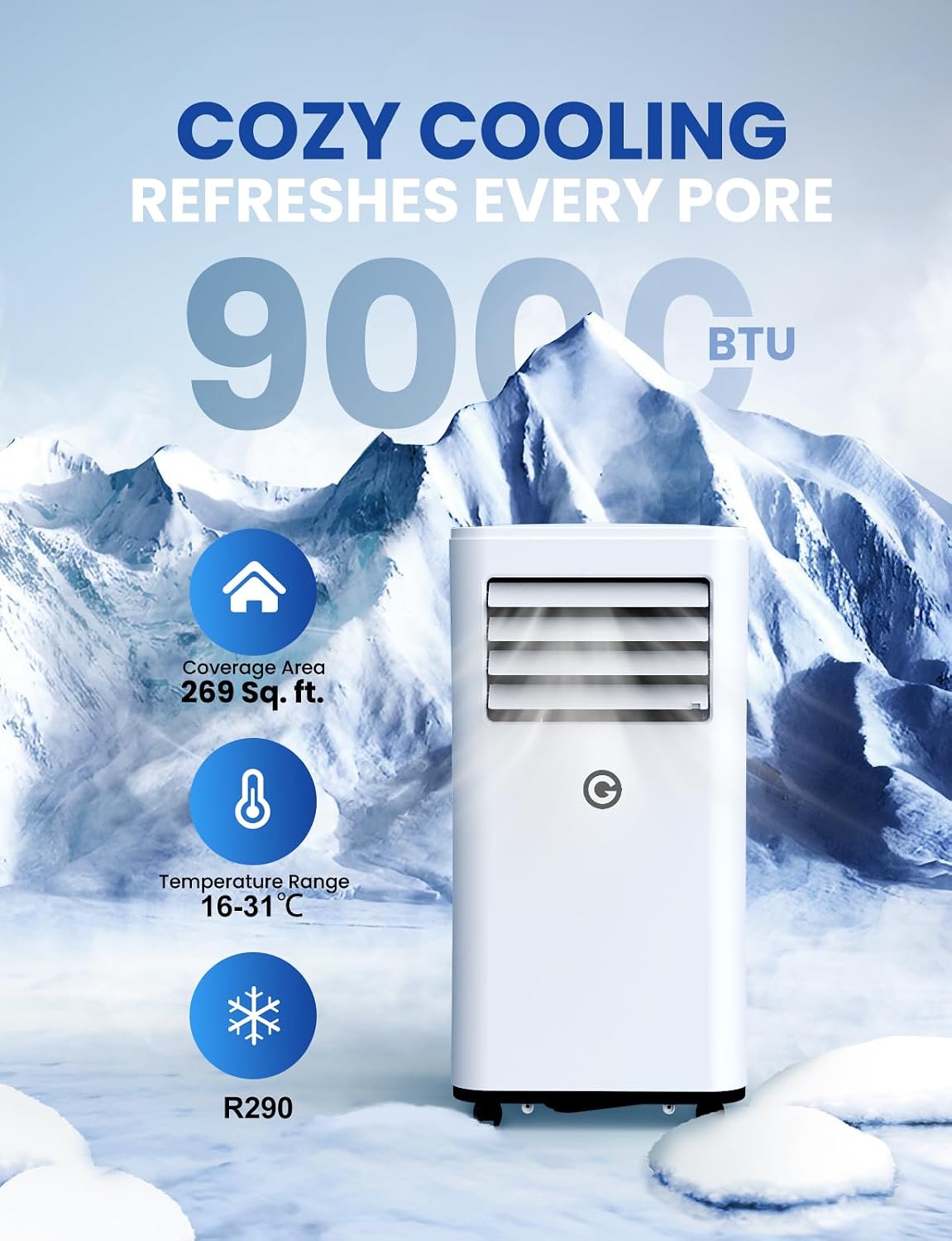 9000 BTU Aire Acondicionado Portátil, 4 en 1: Refrigeración, Ventilador, Deshumidificador y Modo Sueño, Silencioso, con Mando, Temporizador 24h y Kit