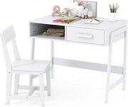 View Kids Desk and Chair Set, Wooden Children School Study Table and Chair w/Storage Drawer & Hutch, Student Writing Desk Computer Workstation for Bedroom, Gift for 3 Years Old (White) image 2