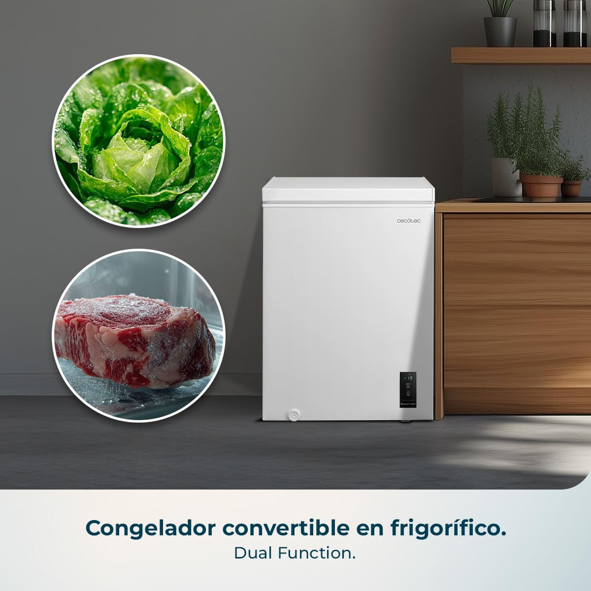 Cecotec Congelador Horizontal 143L Bolero CoolMarket Chest 143P White E. Cesta con Asas, Control Electrónico LED, UltraContact D-Cool, Dual Function,