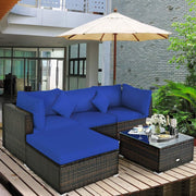 View 5 pieces of outdoor patio furniture, L-shaped rattan three-seater sofa with tempered glass coffee table, footstool, 3 single chairs, rattan outdoor party set, suitable for backyard, porch, balcony, black version image 4